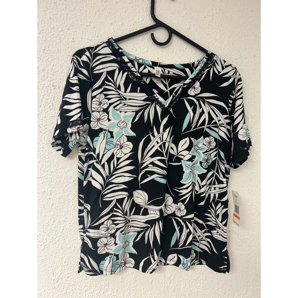 Flora by Flora Nikrooz Tropical Floral Lace Trim V-Neck Lounge Top Black Small